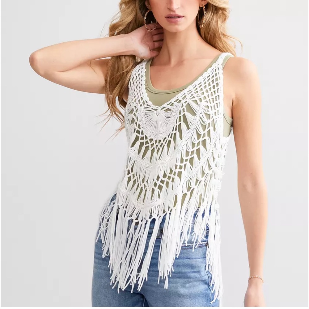 2 for $20!! Daytrip White Fringe Crochet Tank Top